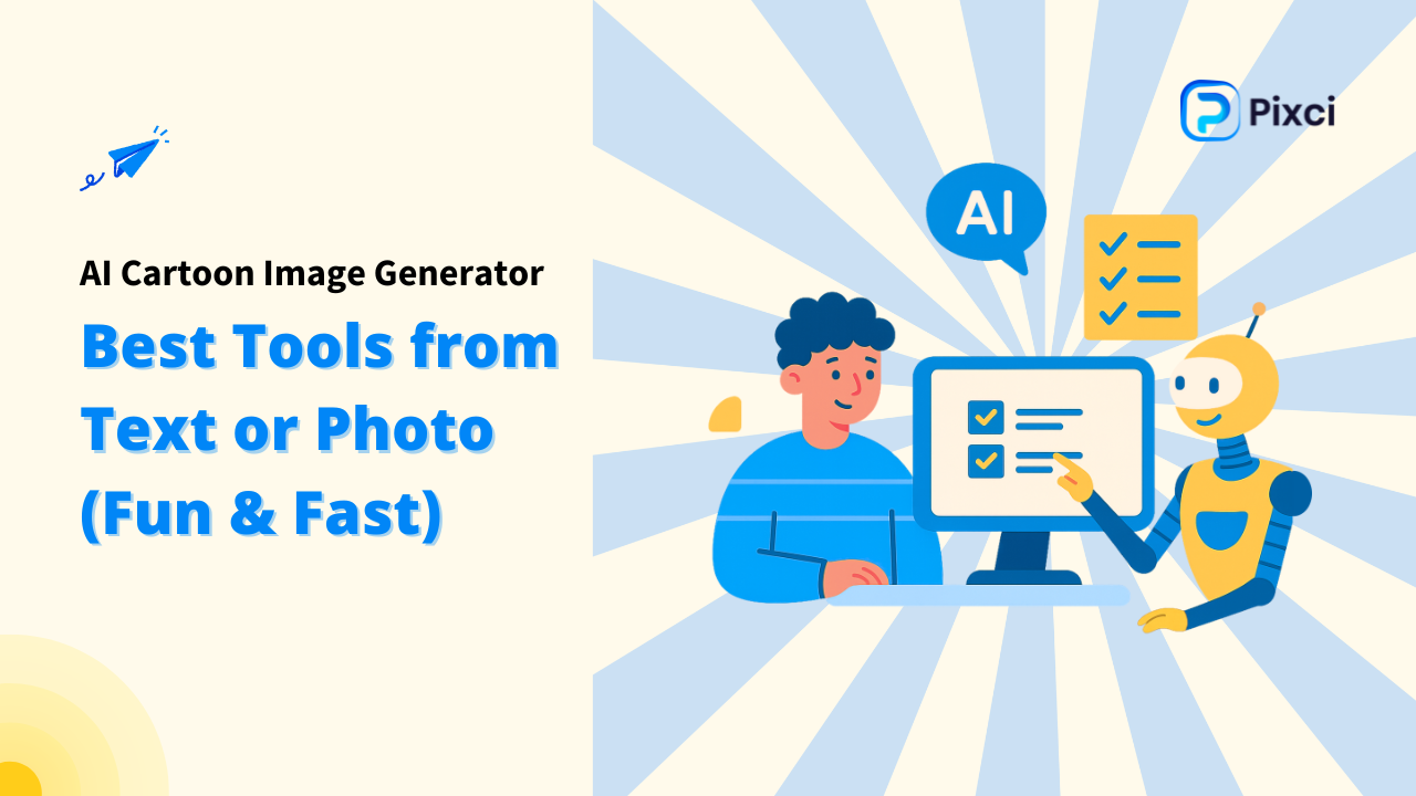 Image with the title "AI Cartoon Image Generator" and a subheading "Best Tools from Text or Photo (Fun & Fast)." It shows a person sitting at a computer with an AI robot beside them. Keywords: AI Cartoon Image Generator, Text-to-Image, Photo-to-Cartoon, Image Generator.