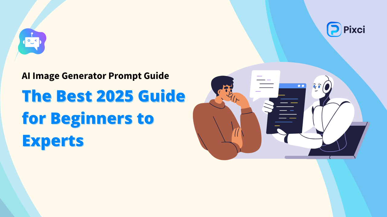 Alt Text: An illustrated guide to AI image generation for beginners and experts titled "AI Image Generator Prompt Guide: The Best 2025 Guide for Beginners to Experts". The image shows a person and a robot working together on a computer screen. Keywords: AI Image Generator Prompt Guide, AI Image Generator.