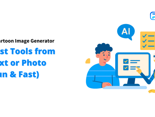 Image with the title "AI Cartoon Image Generator" and a subheading "Best Tools from Text or Photo (Fun & Fast)." It shows a person sitting at a computer with an AI robot beside them. Keywords: AI Cartoon Image Generator, Text-to-Image, Photo-to-Cartoon, Image Generator.