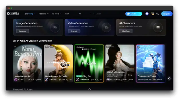 SeaArt.AI Dashboard The SeaArt.AI community platform dashboard, featuring an all-in-one AI Image Generator, video generation tools, and AI character creation modules. Online Al Image Generator & Edtor: Online Al Image Generator: AI Image Generator