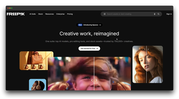 The Freepik website header titled "Creative work, reimagined," featuring a suite of AI image generator tools. It highlights pro editing features and stock assets integrated with a realistic AI image generator to support creators using modern AI Image Generators.
