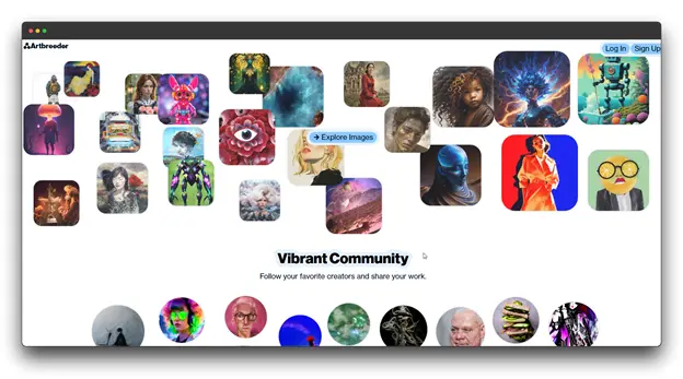 The Artbreeder homepage featuring a "Vibrant Community" collage of user-created art. It showcases the diverse output possible when using AI image generator tools and a realistic AI image generator to collaborate and share work made with different AI Image Generators.