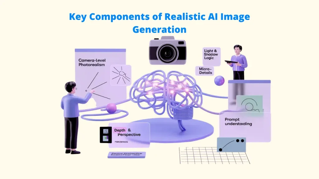 A detailed visual breakdown of the key components of Realistic AI Image Generation. The graphic highlights essential features like camera-level photorealism, light and shadow logic, micro-details, and depth perspective that define high-quality AI Image Generators. realistic Al image generator: Al image generator tools: Al Image Generators