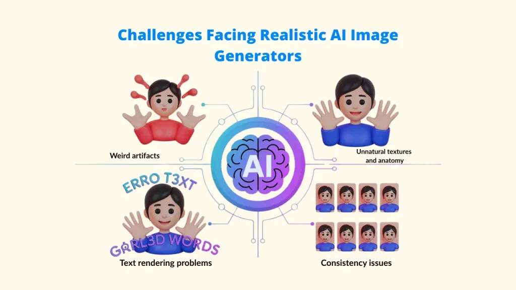 An instructional infographic titled "Selecting the Best Realistic AI Image Generator" featuring a blue roadmap. It outlines three critical steps: defining your use case, considering your budget, and evaluating technical requirements when choosing between different AI image generator tools. realistic Al image generator: Al image generator tools: Al Image Generators