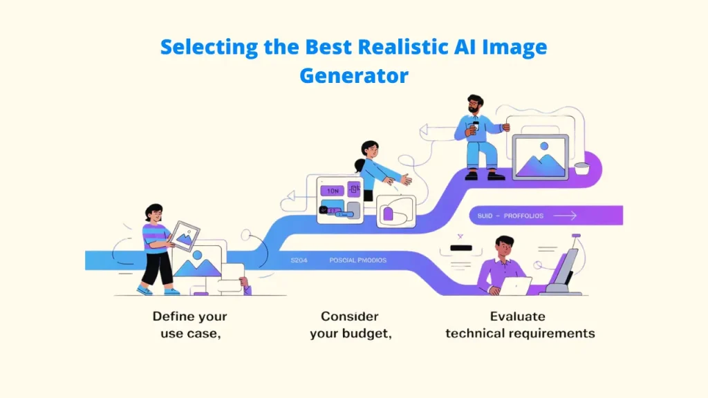 An instructional infographic titled "Selecting the Best Realistic AI Image Generator" featuring a blue roadmap. It outlines three critical steps: defining your use case, considering your budget, and evaluating technical requirements when choosing between different AI image generator tools.